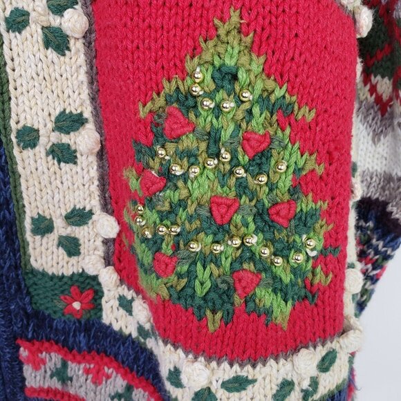 Heirloom Collectibles Christmas Sweater Large 3D Tree Poinsettias Full Zip VTG - Picture 6 of 10